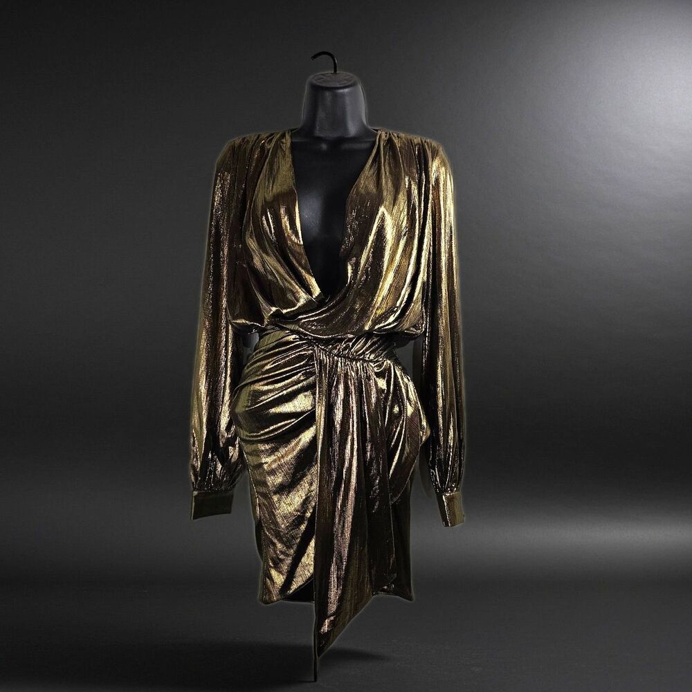 House of CB London Alvona Gold Lamee Dress Sz XS Mini Rouched 70's Fabulous